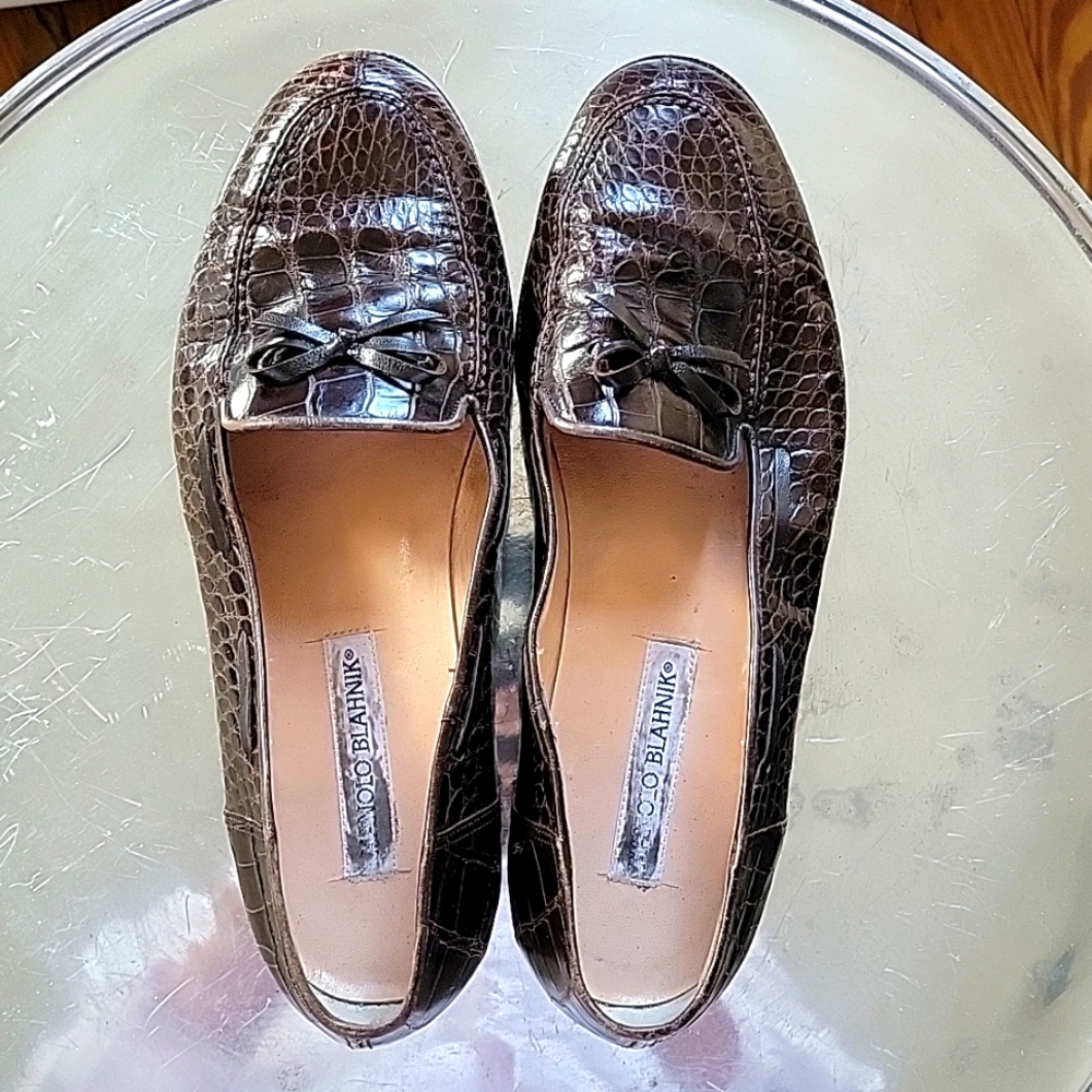 Manolo Blahnik, men's size 7.5, brown alligator slip-ons. New vibram sole!